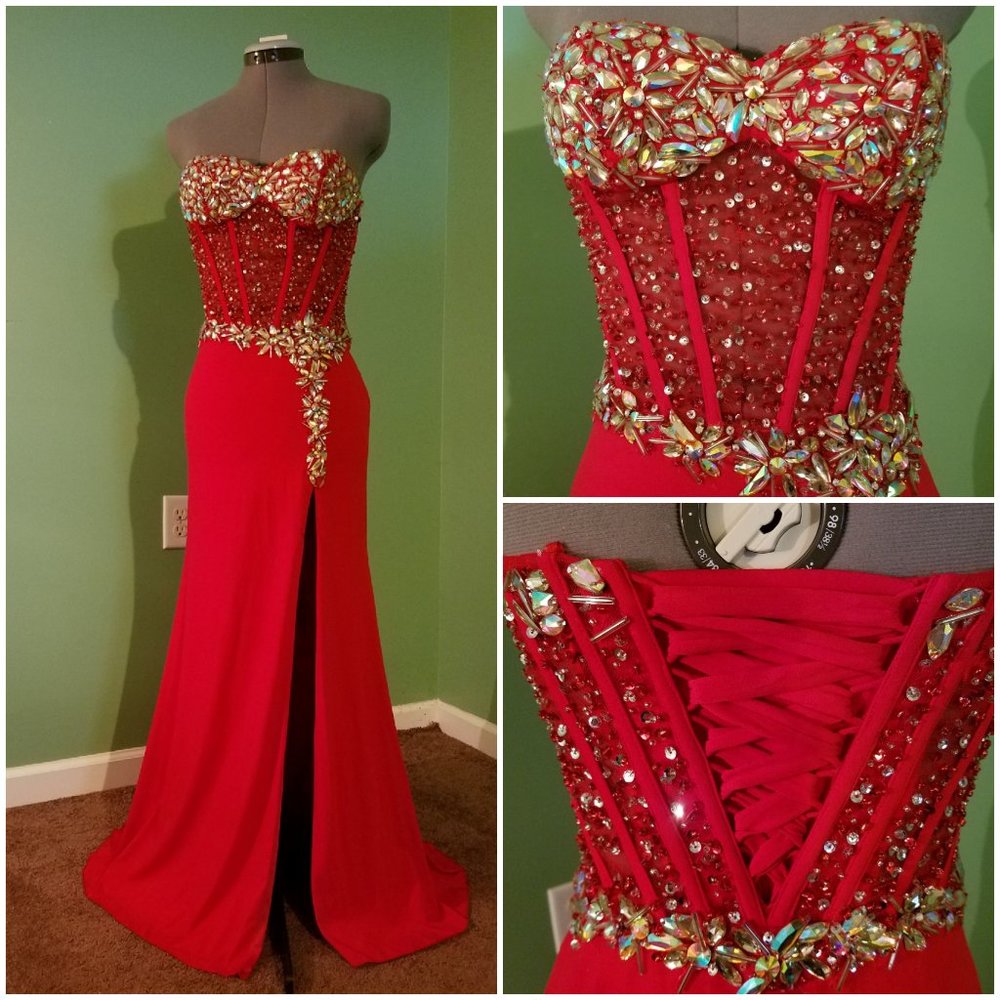 Red Beaded Sequin Illusion Corset Formal Gown S M